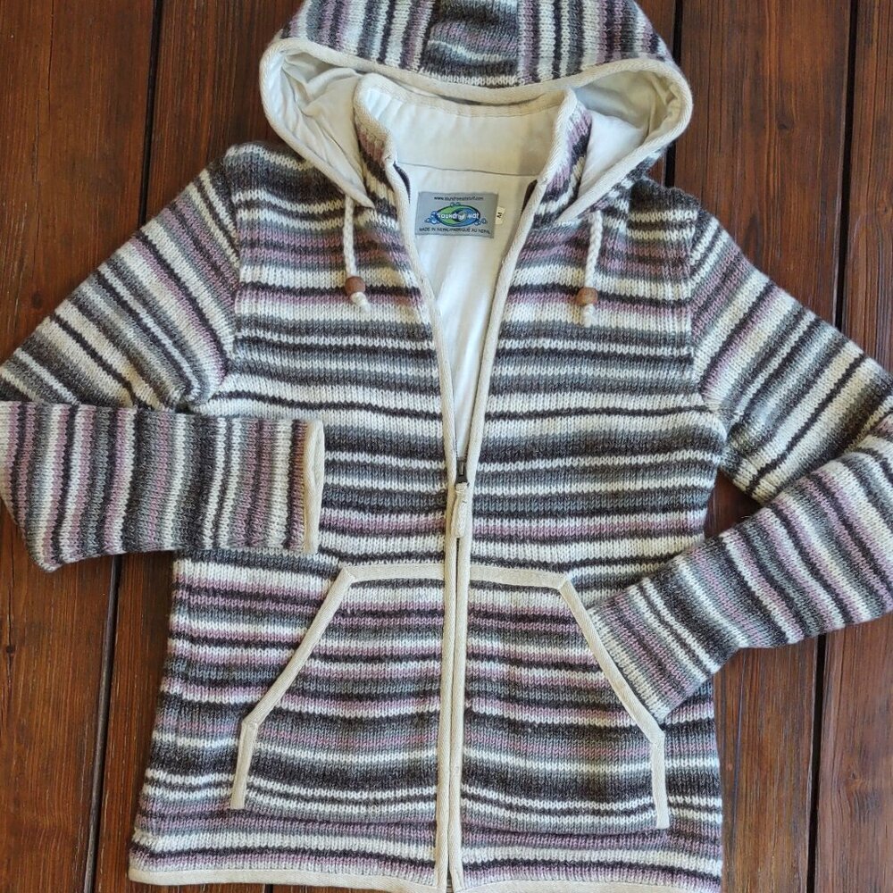 Laundromat Nepal 100% Wool Striped Hooded Sweater Jacket Full Zip Women Medium - Picture 8 of 12